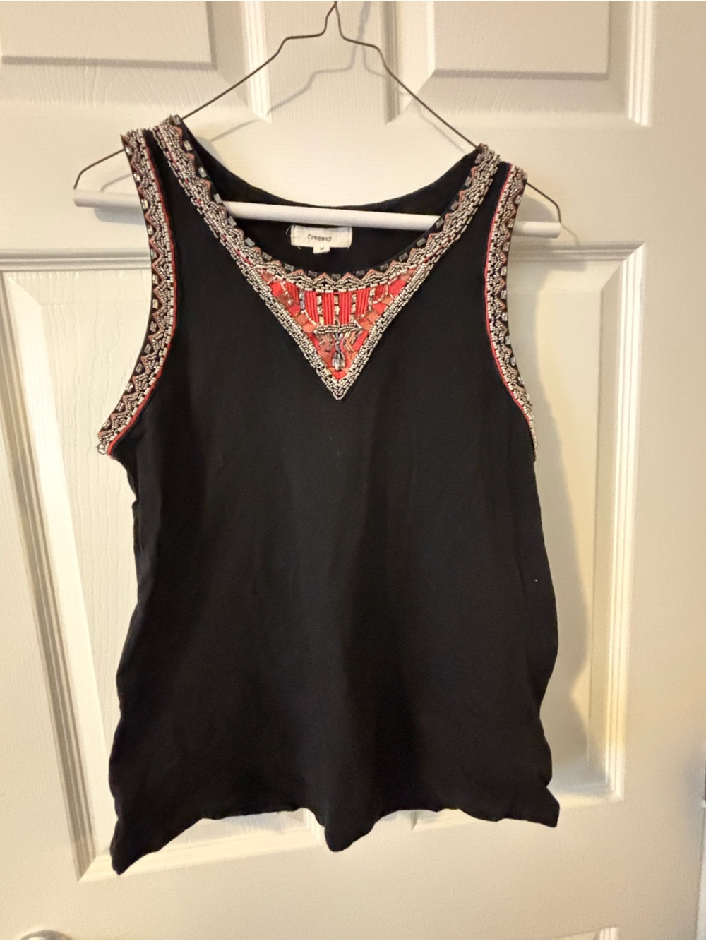 Freeway Black Sleeveless Tank with Red and White Embroidered Trim